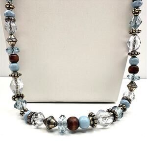 Vintage 90s Blue Purple Faceted Crystal Wood Bead Necklace Statement Jewelry Y2K